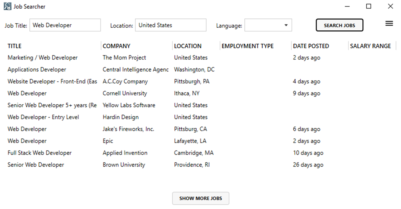 Job Searcher interface screenshot from Microsoft Store