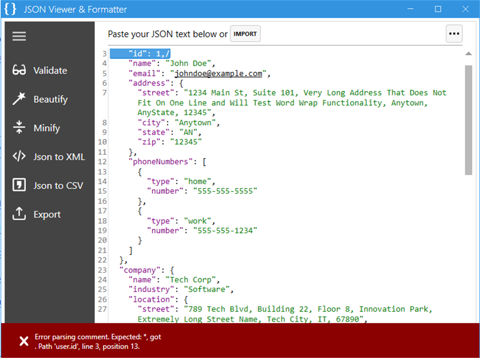 Highlight the line that has error in input JSON text