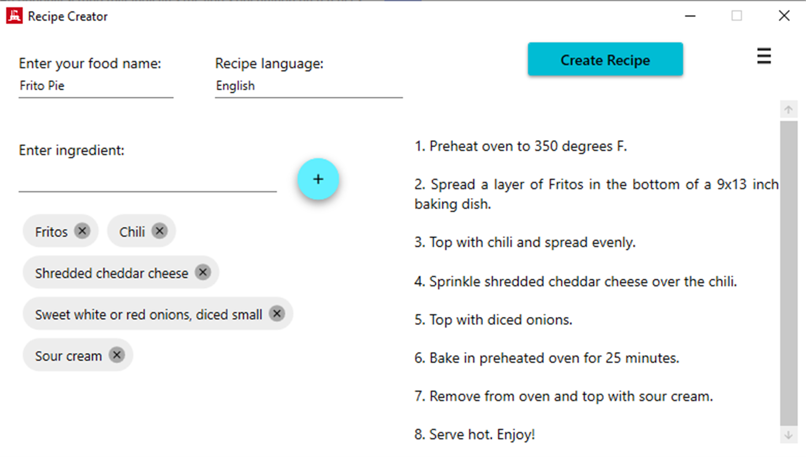 Recipe Creator interface screenshot from Microsoft Store